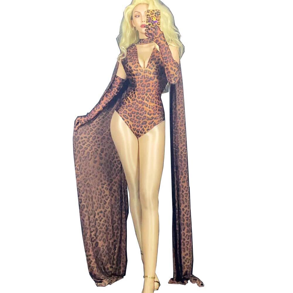 9881 Drag Queen Costumes Leopard Print Bodysuit Sexy Club Party Outfits